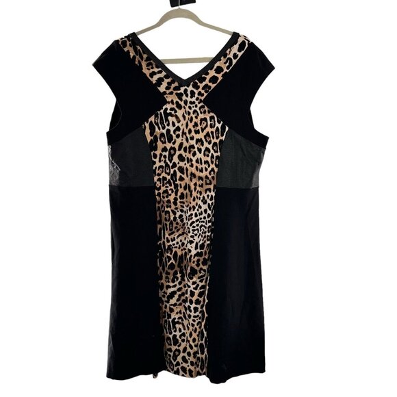 Lane Bryant V-Neck Black & Leopard Print Dress Size 22 Faux Leather Slimming - Picture 7 of 10